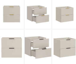 Bathroom Sink and Cabinet with Drawers Vanity Unit 600mm Wall Hung Floating Beige Ribbed Fluted Modern - Adel - thumbnail 4