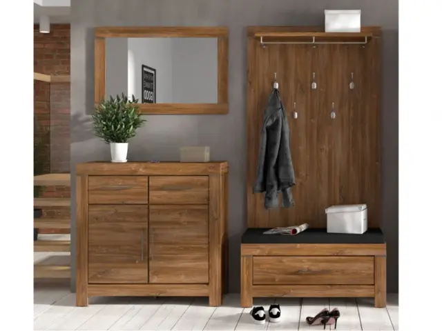 Modern 4 Pc Hallway Set: Shoe Bench Seat, Cabinet, Mirror and Wall Coat Hanger Hooks Medium Oak Effect - Gent - image 1
