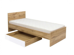 Single Bed Frame with Drawer Underbed Storage Headboard Wooden Slats White Gloss/Oak Finish - Zele - thumbnail 1