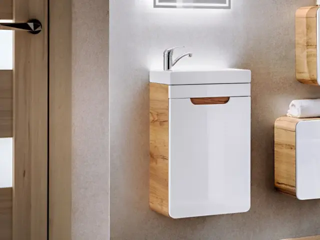 Cloakroom Vanity Unit 400mm Slim Wall Bathroom Cabinet with Sink Small Modern White Gloss and Oak - Aruba - image 1