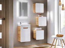 Cloakroom Vanity Unit 400mm Slim Wall Bathroom Cabinet with Sink Small Modern White Gloss and Oak - Aruba - thumbnail 2