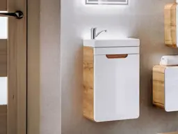 Cloakroom Vanity Unit 400mm Slim Wall Bathroom Cabinet with Sink Small Modern White Gloss and Oak - Aruba - thumbnail 1