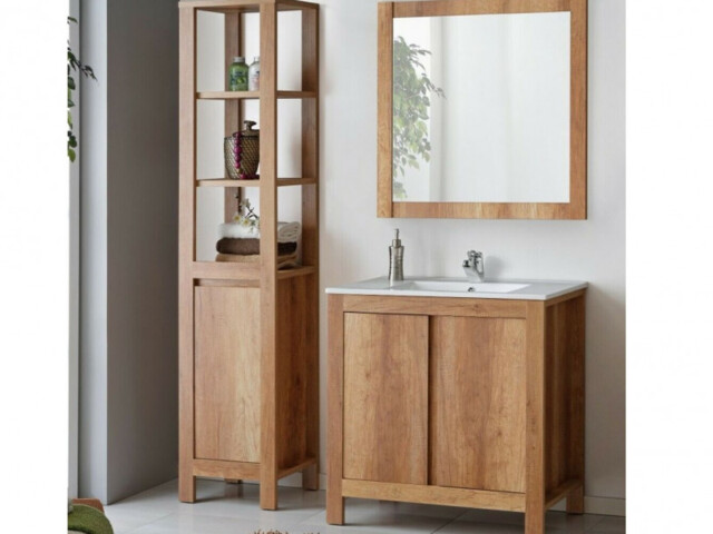 Freestanding Vanity Bathroom 800mm Sink Cabinet, Tall Shelving Unit & Wall Mirror Oak Finish - Classic Oak
