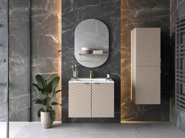 Fluted Bathroom Furniture Set Wall Hung 600mm Vanity Sink Unit Tall Storage Cabinet Tallboy Beige Cashmere - Cara - image 1