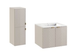 Fluted Bathroom Furniture Set Wall Hung 600mm Vanity Sink Unit Tall Storage Cabinet Tallboy Beige Cashmere - Cara - thumbnail 4