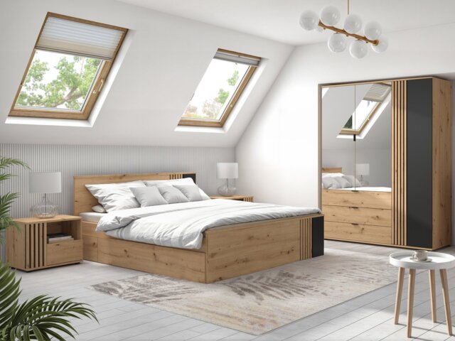 King Size Bedroom Set Storage Bed Wardrobe 2 Bedsides Euro 160cm Wood Slats Black and Oak with Panelling – Vabres - image 1