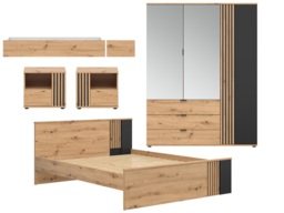 King Size Bedroom Set Storage Bed Wardrobe 2 Bedsides Euro 160cm Wood Slats Black and Oak with Panelling – Vabres - thumbnail 2