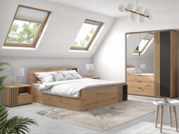 King Size Bedroom Set Storage Bed Wardrobe 2 Bedsides Euro 160cm Wood Slats Black and Oak with Panelling – Vabres - thumbnail 1