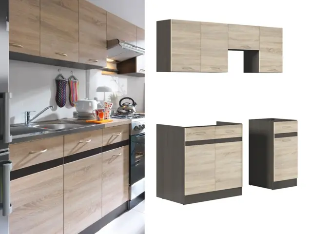 Kitchen Cabinets 5 Unit Set Wall and Base Complete Kitchenette 180cm Dark Wood Wenge Oak Effect - Junona - image 1