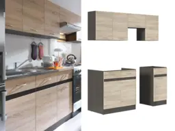 Kitchen Cabinets 5 Unit Set Wall and Base Complete Kitchenette 180cm Dark Wood Wenge Oak Effect - Junona - thumbnail 1