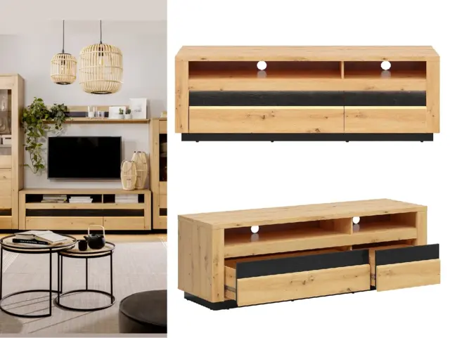 Oak TV Unit Entertainment Stand Wide Cabinet with Drawers LED Lights Artisan Oak Black Effect Modern Boho - Ostia - image 1