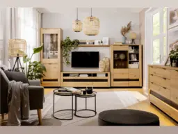 Oak TV Unit Entertainment Stand Wide Cabinet with Drawers LED Lights Artisan Oak Black Effect Modern Boho - Ostia - thumbnail 2