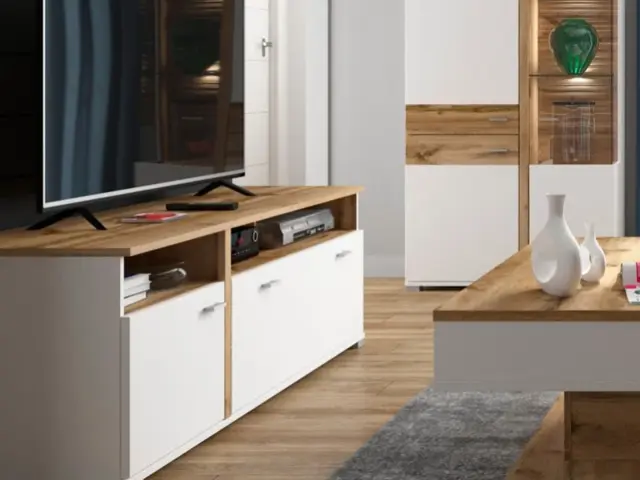 TV Stand Cabinet Unit Modern White / Oak Media Bench Soft Close Door and Drawer 160cm Lowboard - Alamo - image 1