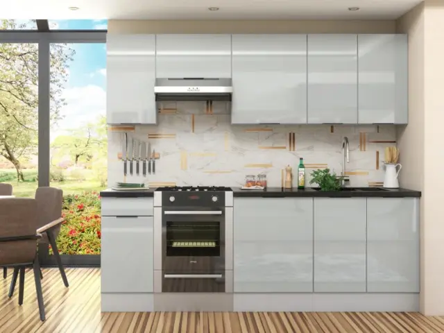 Kitchen Cabinets Cupboards 7 Unit DIY Set 240cm Scandinavian Style Light Grey Gloss - Star - image 1