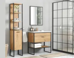 Freestanding Vanity Unit 600mm Oak Bathroom Sink Cabinet with Drawer Loft Industrial Luxury Black Metal - Brooklyn - thumbnail 2