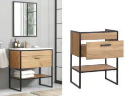 Freestanding Vanity Unit 600mm Oak Bathroom Sink Cabinet with Drawer Loft Industrial Luxury Black Metal - Brooklyn - thumbnail 1