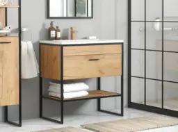 Freestanding Vanity Unit 600mm Oak Bathroom Sink Cabinet with Drawer Loft Industrial Luxury Black Metal - Brooklyn - thumbnail 3