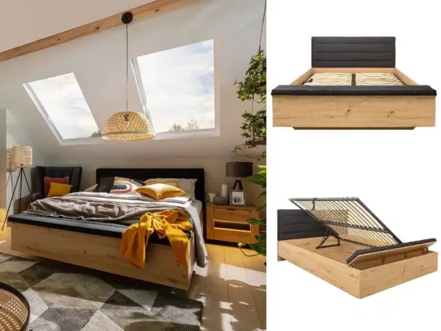 Double Ottoman Bed Frame Storage Side Lift Up Blanket Trunk Box Black Padded Headboard Oak Effect Boho - Ostia - image 1