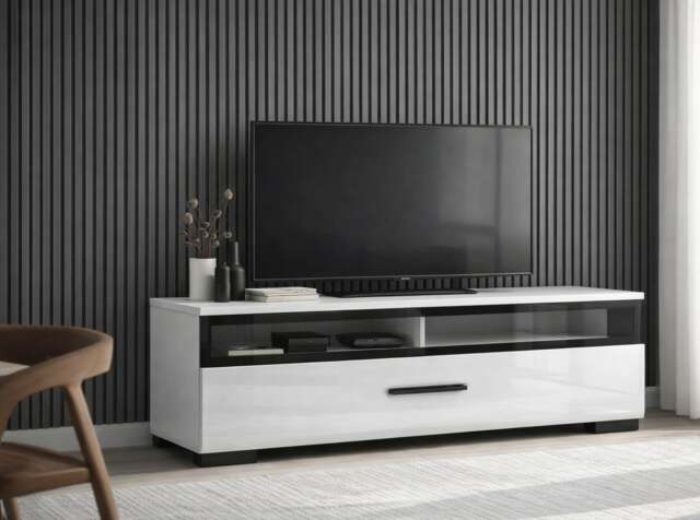 Small TV Stand with Glass Drawer White Gloss Media Cabinet Storage Unit 100cm - Assen - image 1