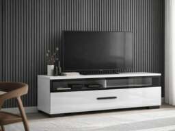 Small TV Stand with Glass Drawer White Gloss Media Cabinet Storage Unit 100cm - Assen - thumbnail 1