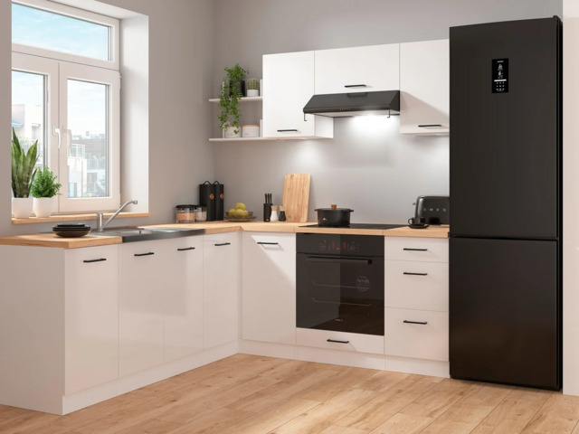 Kitchen Corner Set 9 Cabinets Units White Gloss Modern Freestanding Cupboards Complete DIY Fitted Kitchen - Junona - image 1