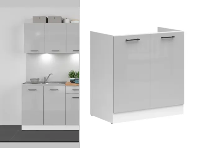 Under Sink Kitchen Cabinet 800mm Sink Unit Small Cupboard Modern Free Standing Grey Gloss - Junona - image 1