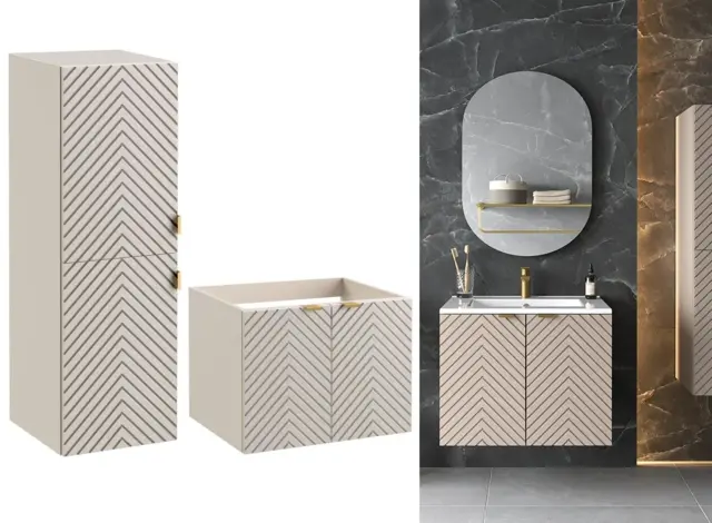 Bathroom Cabinets Set Wall Hung 600mm Vanity Unit and Tall Storage Tallboy Ribbed Fluted Cashmere Beige - Cara - image 1