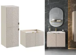 Bathroom Cabinets Set Wall Hung 600mm Vanity Unit and Tall Storage Tallboy Ribbed Fluted Cashmere Beige - Cara - thumbnail 1