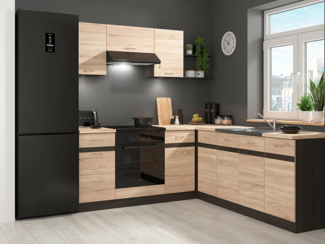 Fitted Kitchen Right Corner Set 9 Cabinet Unit Light Oak Wenge Wood Effect Freestanding Cupboard Complete - Junona - image 1