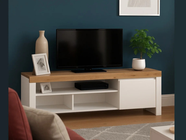 White TV Unit with Storage 156cm Stand Bedroom Living Room Unit 65 inch TV Cabinet White Gloss and Oak  - Holten - image 1