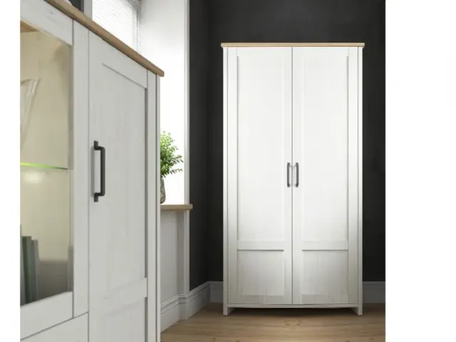 2 Door Wardrobe Storage Cabinet Hanging Rail Shelf Scandi White Pine and Oak Effect - Loksa - image 1