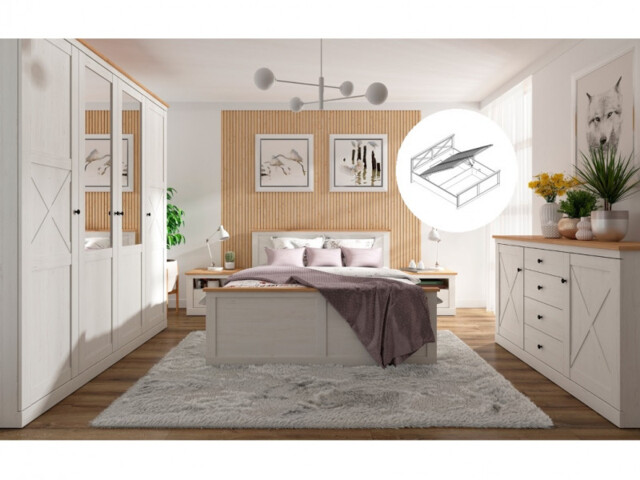 King Size Storage Bedroom Set: Lift Up Bed Frame Wardrobe Sideboard Bedsides White Pine/Oak Effect - Frija - image 1
