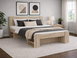 King Size Bed Frame with Storage Shelves and Solid Wood Euro 160cm Bed Slats Light Oak Finish - Nepo - thumbnail 1