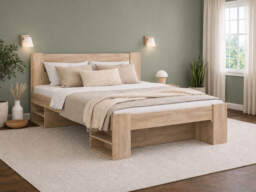 King Size Bed Frame with Storage Shelves and Solid Wood Euro 160cm Bed Slats Light Oak Finish - Nepo - thumbnail 2