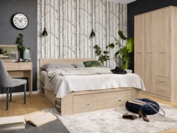 King Size Bed Frame with Storage Shelves and Solid Wood Euro 160cm Bed Slats Light Oak Finish - Nepo - thumbnail 4