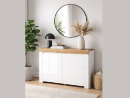 Small Sideboard White Gloss Cabinet Compact Storage Unit Oak Effect Scandi - Holten
