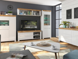 Small Sideboard White Gloss Cabinet Compact Storage Unit Oak Effect Scandi - Holten - thumbnail 2