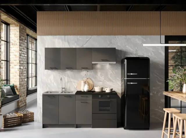 Kitchen Cabinets 5 Units Dark Grey Cabinets Black Worktop Complete Fitted Kitchenette Package 180cm Set - Lina - image 1