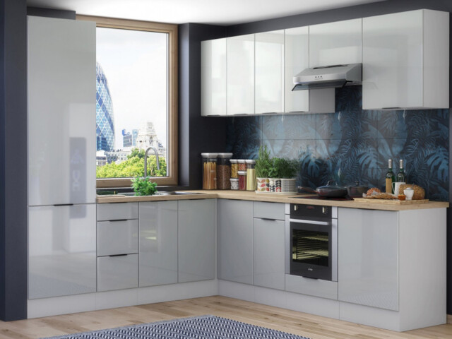 Kitchen Corner Cabinets L Shaped Set of 12 Units with 600mm Larder and Oven Housing Light Grey Gloss - Star - image 1