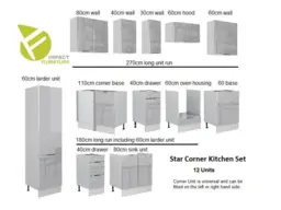 Kitchen Corner Cabinets L Shaped Set of 12 Units with 600mm Larder and Oven Housing Light Grey Gloss - Star - thumbnail 2