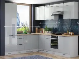 Kitchen Corner Cabinets L Shaped Set of 12 Units with 600mm Larder and Oven Housing Light Grey Gloss - Star - thumbnail 4
