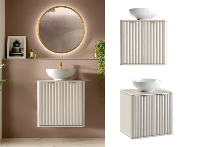 600mm Wall Hung Vanity Unit with Ceramic Basin Fluted Bathroom Cabinet Cashmere Beige Under Sink Countertop - Oren - image 1