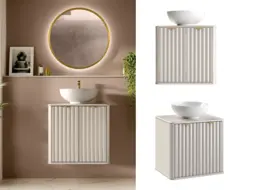 600mm Wall Hung Vanity Unit with Ceramic Basin Fluted Bathroom Cabinet Cashmere Beige Under Sink Countertop - Oren