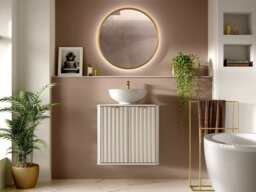 600mm Wall Hung Vanity Unit with Ceramic Basin Fluted Bathroom Cabinet Cashmere Beige Under Sink Countertop - Oren - thumbnail 3