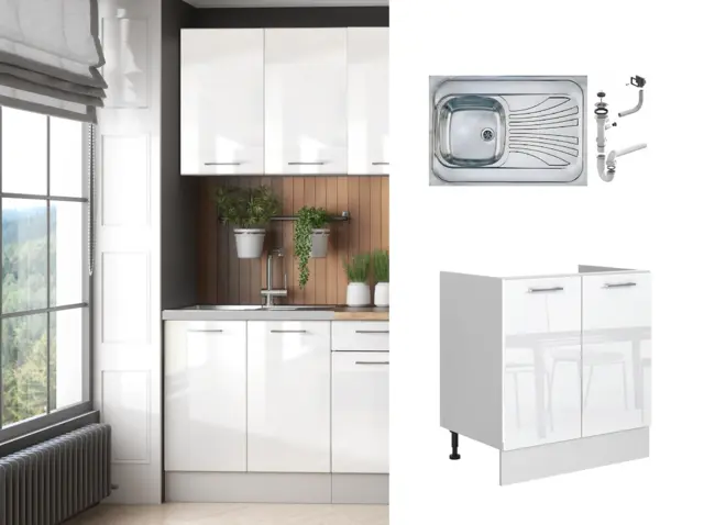 Kitchen Sink Unit with Sit On Sink and Freestanding Base Cabinet 800mm Cupboard White Gloss - Ella - image 1