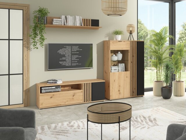 Living Room Furniture Set TV Cabinet Floating Wall Shelf Glass Display Unit Ribbed Black and Oak Slats – Vabres - image 1