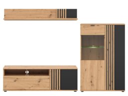 Living Room Furniture Set TV Cabinet Floating Wall Shelf Glass Display Unit Ribbed Black and Oak Slats – Vabres - thumbnail 2
