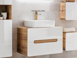Wall Hung Bathroom Cabinets 5 Piece Furniture Set 800mm Vanity Sink Unit Tallboy Modern White Gloss Oak - Aruba - thumbnail 4
