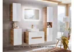 Wall Hung Bathroom Cabinets 5 Piece Furniture Set 800mm Vanity Sink Unit Tallboy Modern White Gloss Oak - Aruba - thumbnail 2