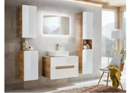 Wall Hung Bathroom Cabinets 5 Piece Furniture Set 800mm Vanity Sink Unit Tallboy Modern White Gloss Oak - Aruba